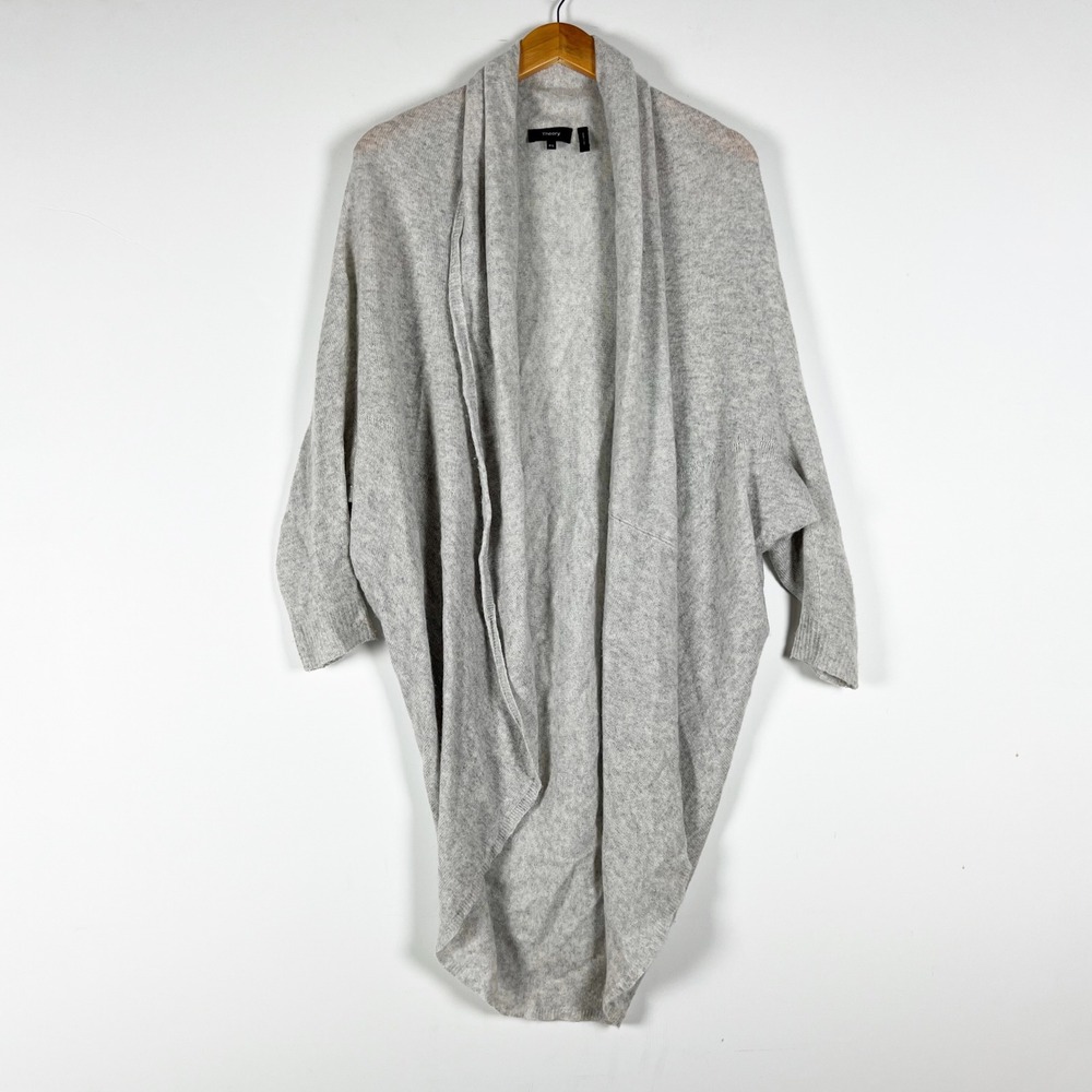 Theory Women's Long Curved Hem 100% Cashmere Knit Stretch Cardigan Sweater Gray